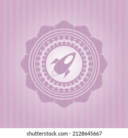 rocket icon inside retro pink emblem. Vector design. 