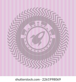 rocket icon inside retro pink emblem. Vector design. 