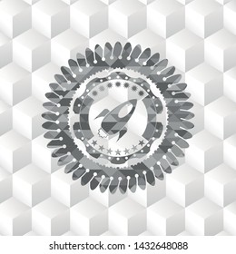 rocket icon inside retro style grey emblem with geometric cube white background