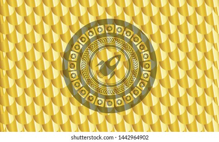 rocket icon inside shiny golden badge. Scales pattern. Vector Illustration. Detailed.
