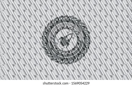 rocket icon inside shiny silver badge. Scales pattern. Vector Illustration. Detailed.
