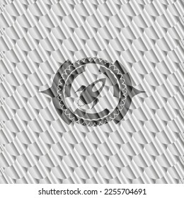 rocket icon inside silver shiny badge. Scales pattern. Vector Illustration. Detailed. 