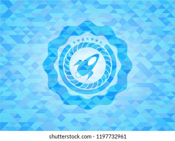 rocket icon inside sky blue emblem with mosaic background