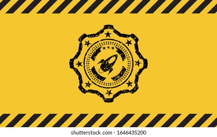 rocket icon inside warning sign, black grunge emblem. Vector Illustration. Detailed.