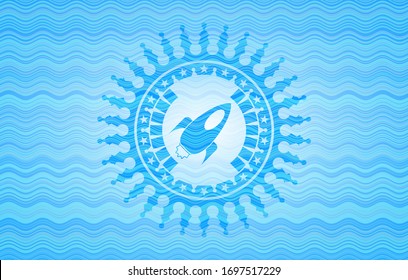 rocket icon inside water wave concept badge.