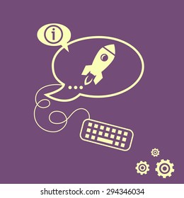 Rocket icon and keyboard design elements. Line icons for application development, web page coding and programming, creative process