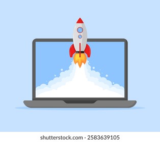 Rocket icon. Laptop icon. Flat style. Vector icon.