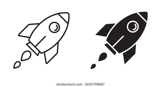 Raketensymbol. Mit Rakete gestarteter Symbolvektor. Startsymbol Linienkunst, Vektorsatz . Vektorsymbol der Rakete, Startsymbol, gefülltes flaches Zeichen, stetiges Piktogramm einzeln.  