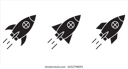 Icono de cohete. Rocket lanzó el Vector de iconos. Icono de inicio, arte de línea, conjunto de Vectores . Icono de Vector de cohete, símbolo de inicio, signo plano lleno, pictograma sólido aislado .  