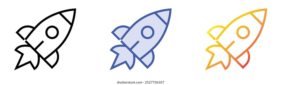 Raketensymbol. Lineares, blaues Füllungs- und Farbverlauf-Design einzeln auf weißem Hintergrund