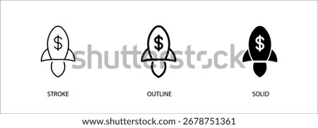 Rocket icon with money for startup, fast growth, fast development, science expenses. Vector stroke, outline and solid icon. Eps10 file.