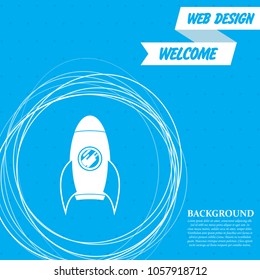 Rocket icon on a blue background with abstract circles around and place for your text. Vector illustration