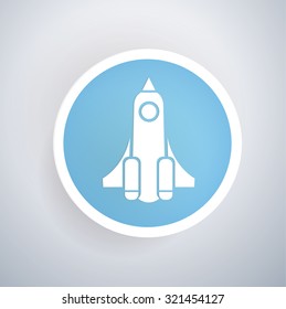Rocket icon on blue button background, clean vector