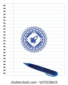 icono del cohete pinta emblema. Tinta azul. Ilustración vectorial. Detallado.
