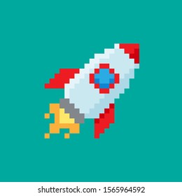 Rocket icon in retro game style. Pixel art. Vector illustration.