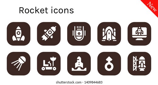 rocket icon set. 10 filled rocket icons.  Collection Of - Rocket launch, Startup, Space capsule, ship, Sputnik, Moon rover, Mars, ship launch