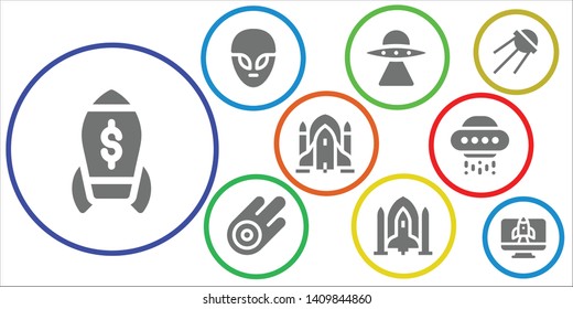 rocket icon set. 9 filled rocket icons.  Collection Of - Rocket, Alien, Aliens, Asteroid, Spaceship, ship, Ufo, Sputnik, Startup
