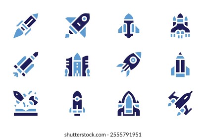 Rocket icon set. Bold style. Duotone colors. spaceship, rocket, startup, astronomy, space shuttle, imagination, pencil.