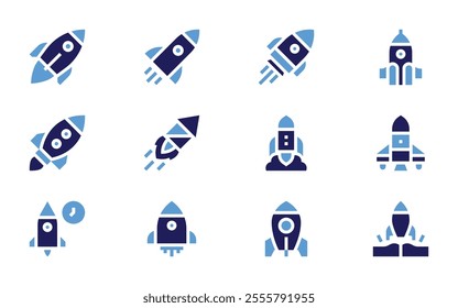 Rocket icon set. Bold style. Duotone colors. rocket, startup, spaceship.