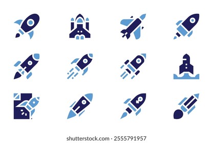 Rocket icon set. Bold style. Duotone colors. rocket, startup, spaceship, planet.