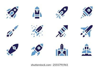 Rocket icon set. Bold style. Duotone colors. rocket, soyuz rocket, startup, spaceship, management.