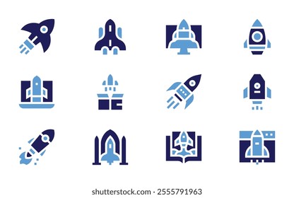 Rocket icon set. Bold style. Duotone colors. rocket, rocket launch, launch, spaceship, startup, deployment.