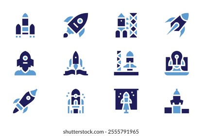 Rocket icon set. Bold style. Duotone colors. rocket, rocket launch, rocket ship, startup, start up.