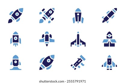 Rocket icon set. Bold style. Duotone colors. rocket, missile, startup, deployment, rocket launcher, rocket ship.