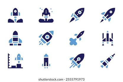 Rocket icon set. Bold style. Duotone colors. rocket, launch, take off, rocket ship, startup, rocket launch.