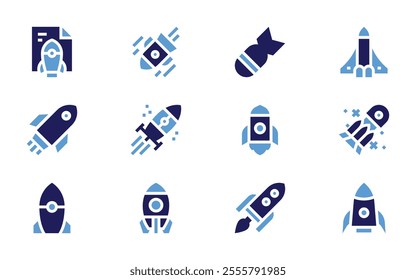 Rocket icon set. Bold style. Duotone colors. deployment, space shuttle, rocket, bomb, rocket ship.