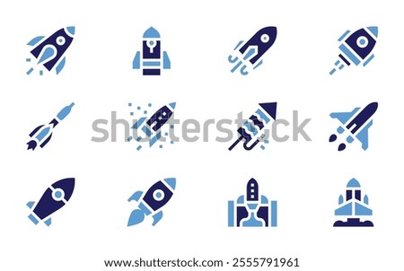 Rocket icon set. Bold style. Duotone colors. rocket, soyuz rocket, startup, spaceship, management.