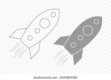 Ícone de foguete definido. Símbolo de start-up de negócios. Sinal de lançamento de foguete. Vetor em estilo de design plano e de contorno. Simples sinal de foguete. Ícone de foguete lançado. eps 10