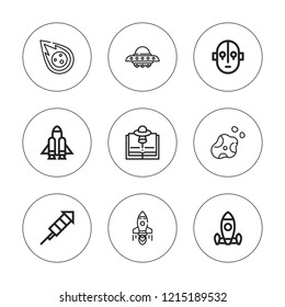 Rocket icon set. collection of 9 outline rocket icons with asteroid, meteorite, science fiction, startup icons. editable icons.