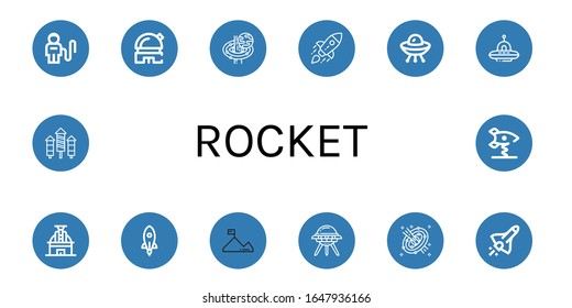 rocket icon set. Collection of Astronaut, Observatory, Black hole, Startup, Ufo, Rocket, Mission, Space, Space shuttle, Spring swing rocket icons