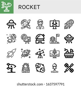 rocket icon set. Collection of Rocket, Ufo, Astronaut, Startup, Universe, Astronomy, Observatory, Uranus, Stargazing, Moon rover, Spring swing rocket, Space station icons