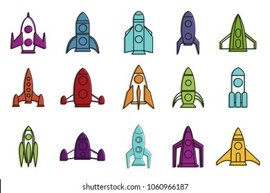 Rocket icon set. Color outline set of rocket vector icons for web design isolated on white background