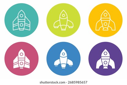 Conjunto de iconos de cohete con coloridos iconos planos. Diseños de Vector para negocios. Vector de acciones.