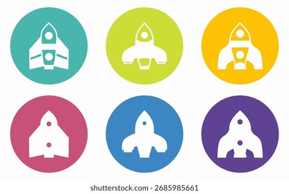 Raketen-Symbol-Set mit bunten flachen Symbolen. Vektorgrafiken für Unternehmen. Stock-Vektor.