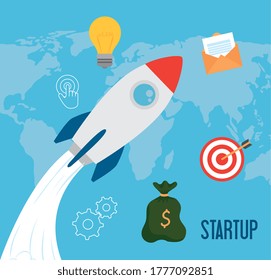 rocket with icon set design, Start up plan idea strategy and marketing theme Vector illustration