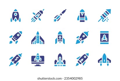 Rocket icon set. Duotone color. Vector illustration. Containing rocket, soyuz rocket, spaceship, plane, mission, startup, smartphone, launch, space shuttle.
