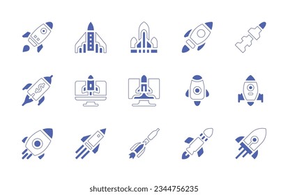 Rocket icon set. Duotone style line stroke and bold. Vector illustration. Containing spaceship, plane, startup, rocket, launch, future, soyuz.