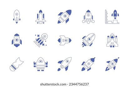 Juego de iconos de cohete. Curso de línea de estilo duotónico y negrita. Ilustración vectorial. Conteniendo cohete, inicio, barco, lanzamiento, nave espacial, bomba.