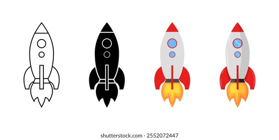 Rocket Icon Set. Flying Up. Different styles. Vector icons