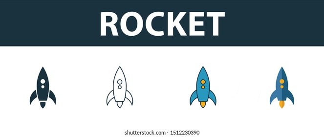 Rocket icon set. Four elements in diferent styles from transport icons collection. Creative rocket icons filled, outline, colored and flat symbols.