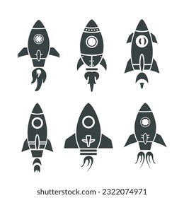 Rocket icon set isolated on white background. Starship launch icon collection. Space rocket launch with fire. Designed in simple flat style. Stock illustration vector.