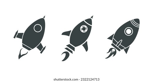 Rocket icon set isolated on white background. Starship launch icon collection. Space rocket launch with fire. Designed in simple flat style. Stock illustration vector.