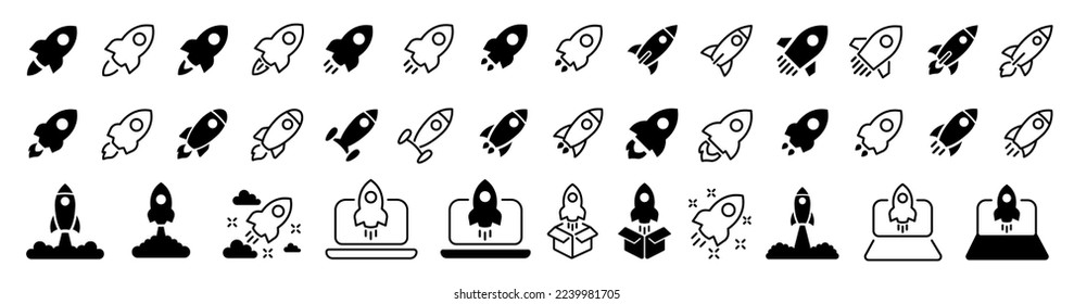 Rocket icon set. Rocket launch icon collection. Startup symbol. Launch spaceship or spacecraft. Rocket fast flying for space. Vector illustration.