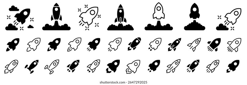 Rocket icon set. Rocket launch icon collection. Startup symbol. Launch spaceship or spacecraft. Rocket fast flying for space. Vector illustration.