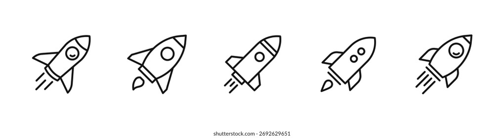 Raketen-Symbolsatz. Raketen-Symbole im Linienstil starten. Bearbeitbare Websymbole werden gestartet. Vektorgrafik.