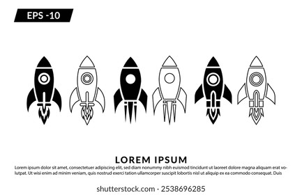 Conjunto de iconos de cohete. Rocket lanzó el Vector de iconos. Lanzamiento de cohete espacial con fuego. Vector EPS 10